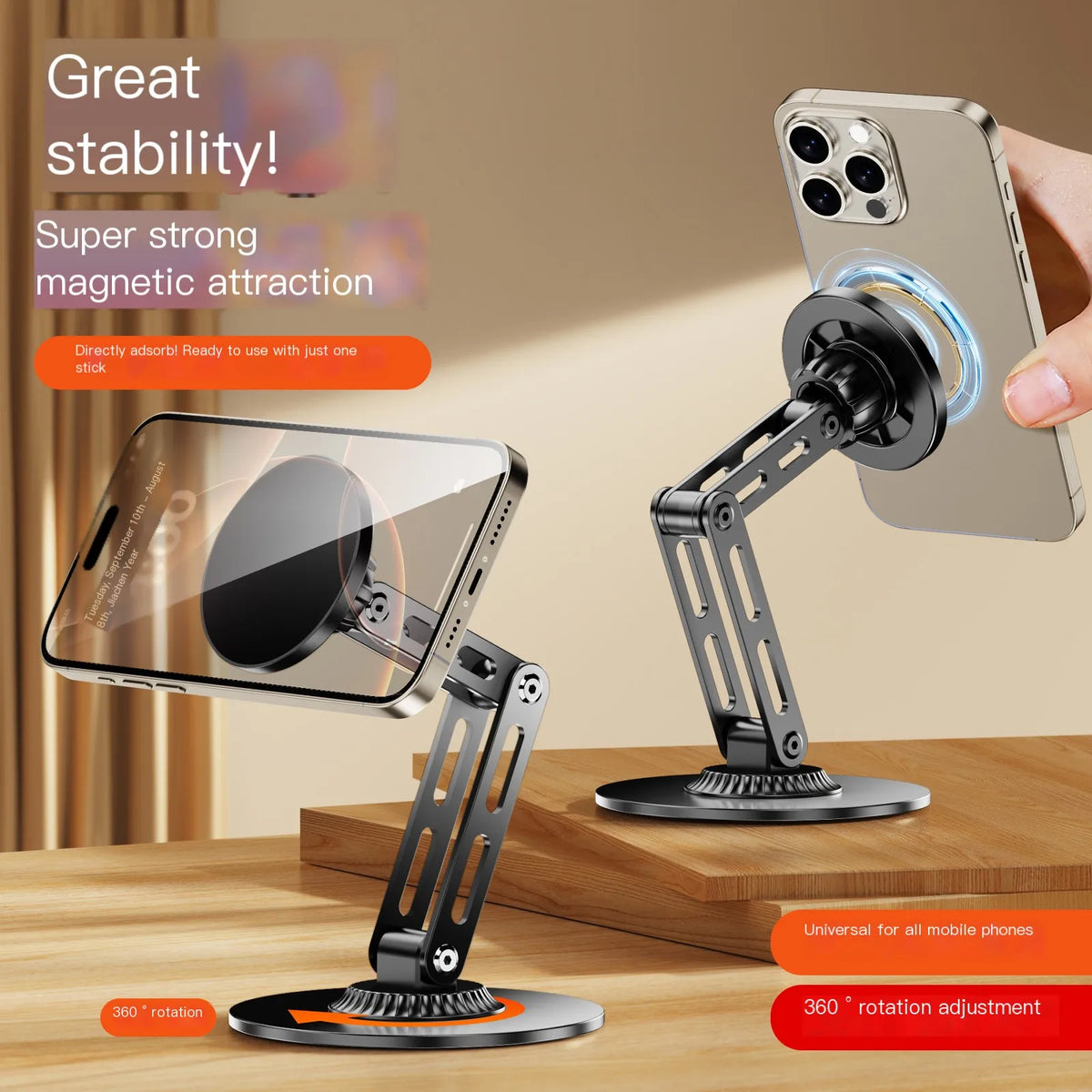 1080 Rotate Aluminium Alloy Foldable Magnetic Desktop Phone Stand Desk Lazy Holder For Magsafe iPhone 17 16 15 14 13 12 Pro Max
