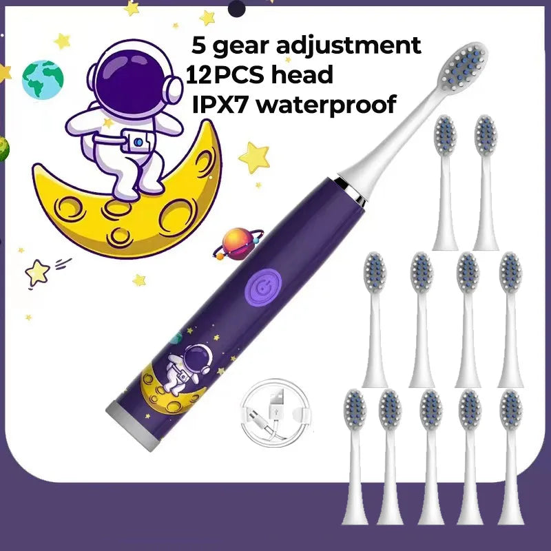 Kids Electric Toothbrush - Cute Cartoon Designs, Soft Bristles, Waterproof, with Replacement Heads