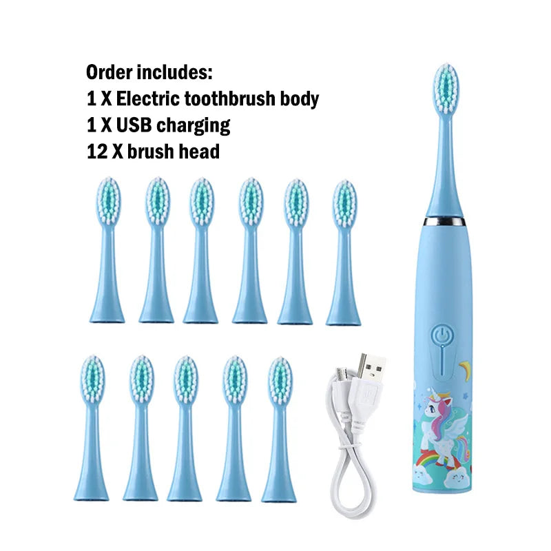 Kids Electric Toothbrush - Cute Cartoon Designs, Soft Bristles, Waterproof, with Replacement Heads