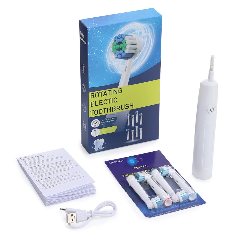 Rotating Electric Toothbrush - 5 Modes, Smart Timer, USB Rechargeable, with Replacement Heads