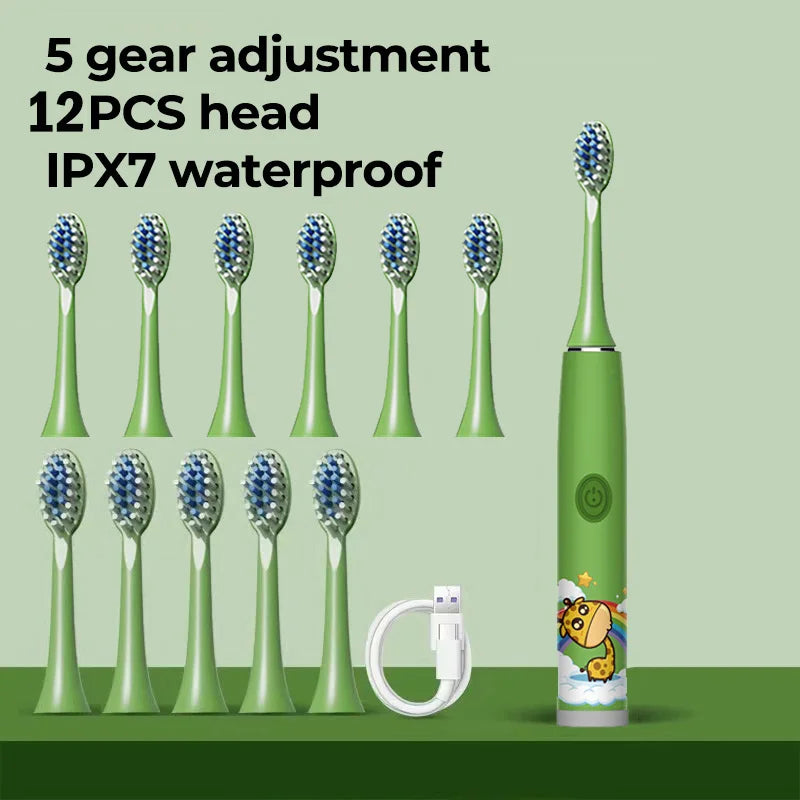 Kids Electric Toothbrush - Cute Cartoon Designs, Soft Bristles, Waterproof, with Replacement Heads