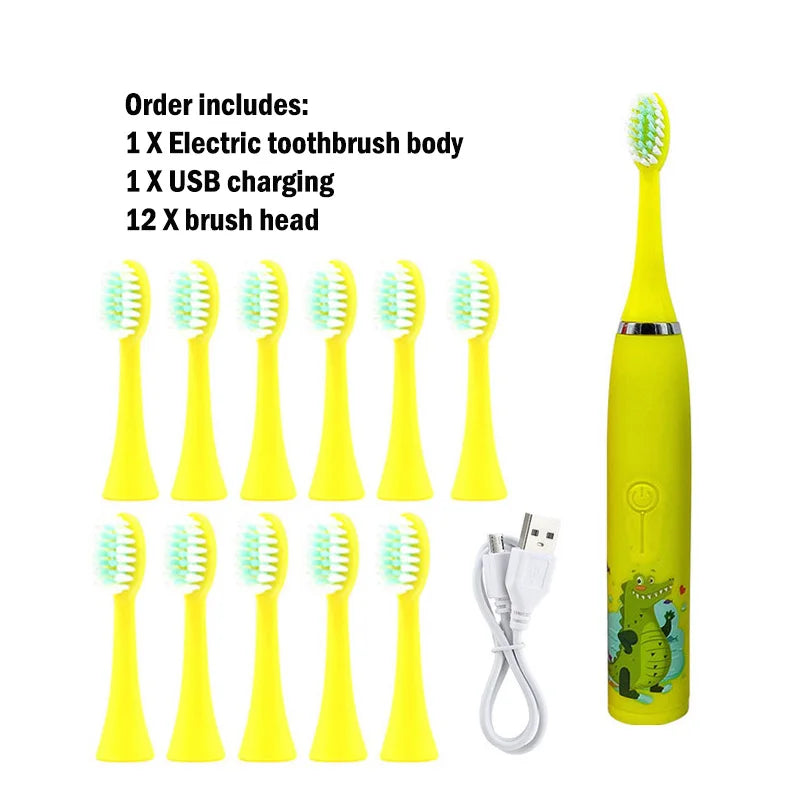 Kids Electric Toothbrush - Cute Cartoon Designs, Soft Bristles, Waterproof, with Replacement Heads