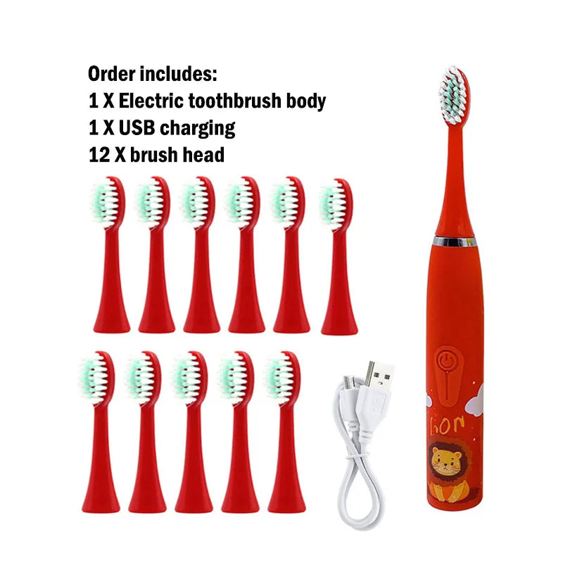 Kids Electric Toothbrush - Cute Cartoon Designs, Soft Bristles, Waterproof, with Replacement Heads