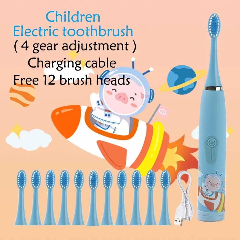 Kids Electric Toothbrush - Cute Cartoon Designs, Soft Bristles, Waterproof, with Replacement Heads