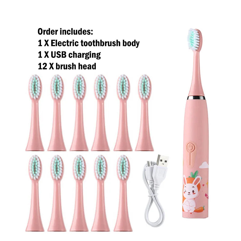 Kids Electric Toothbrush - Cute Cartoon Designs, Soft Bristles, Waterproof, with Replacement Heads