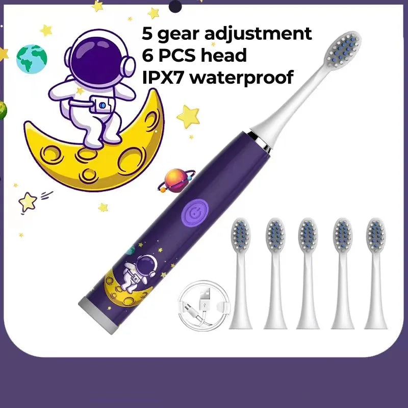 Kids Electric Toothbrush - Cute Cartoon Designs, Soft Bristles, Waterproof, with Replacement Heads