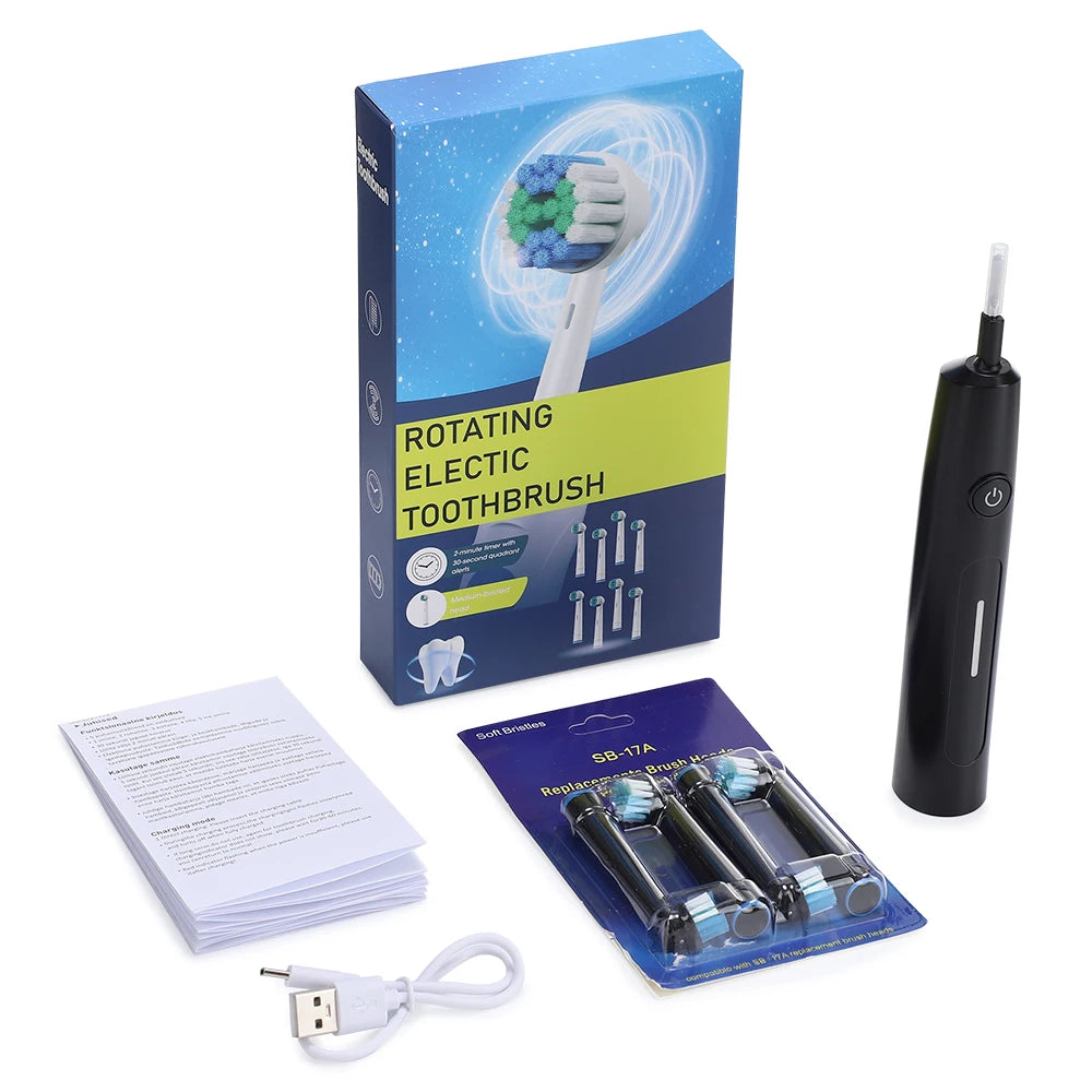 Rotating Electric Toothbrush - 5 Modes, Smart Timer, USB Rechargeable, with Replacement Heads