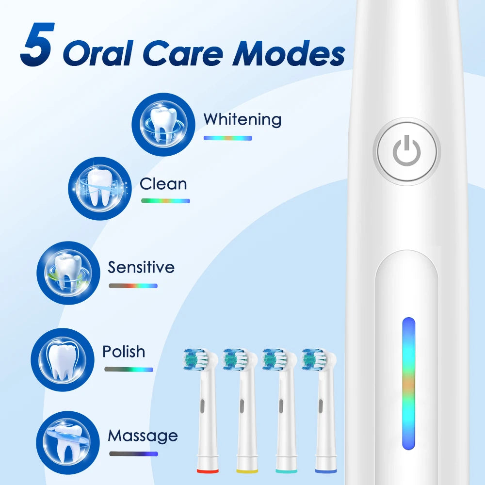 Rotating Electric Toothbrush - 5 Modes, Smart Timer, USB Rechargeable, with Replacement Heads