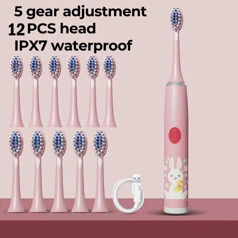 Kids Electric Toothbrush - Cute Cartoon Designs, Soft Bristles, Waterproof, with Replacement Heads