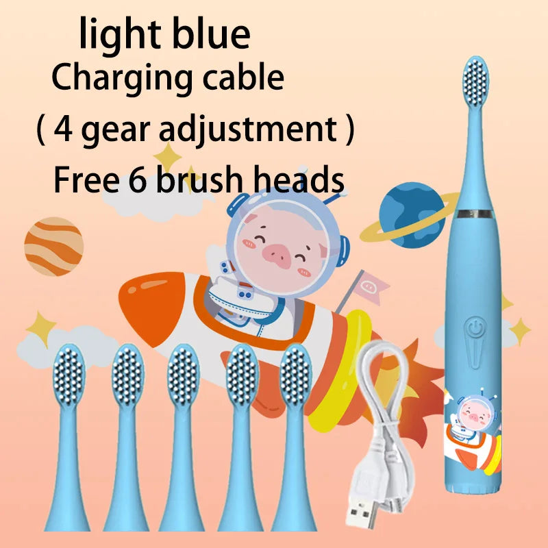 Kids Electric Toothbrush - Cute Cartoon Designs, Soft Bristles, Waterproof, with Replacement Heads