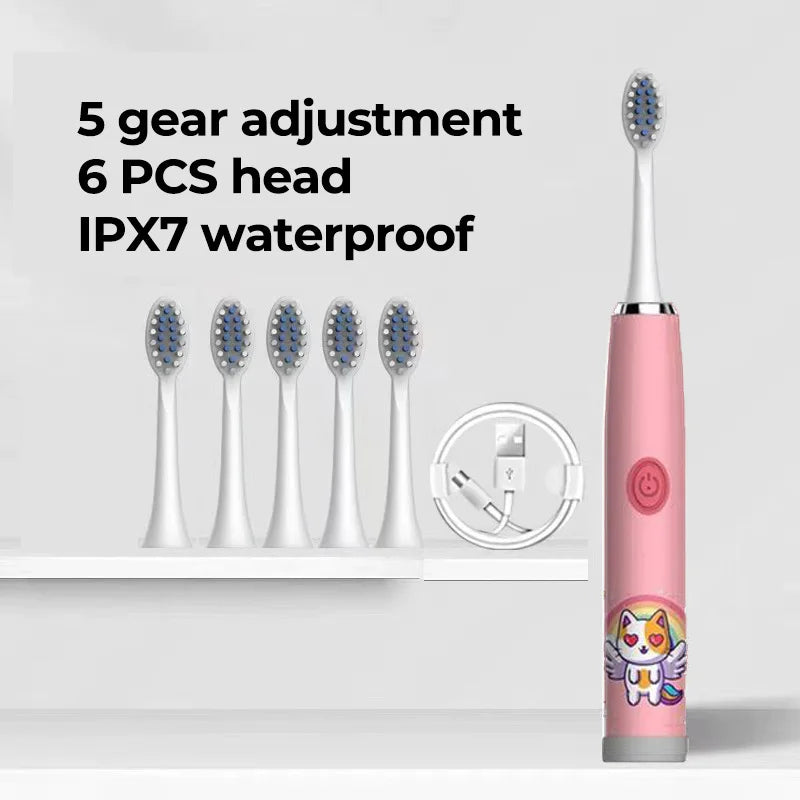 Kids Electric Toothbrush - Cute Cartoon Designs, Soft Bristles, Waterproof, with Replacement Heads