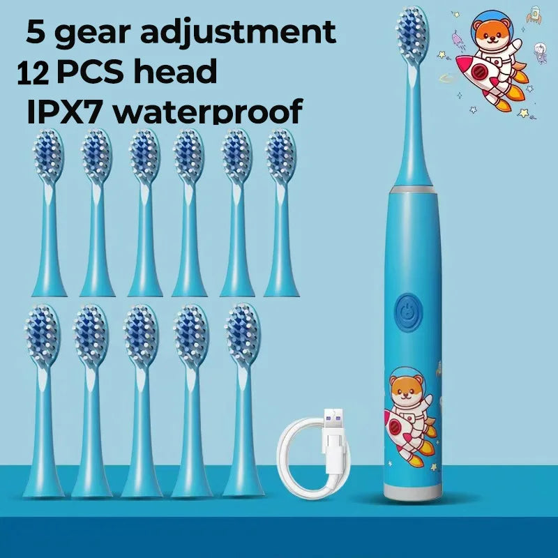 Kids Electric Toothbrush - Cute Cartoon Designs, Soft Bristles, Waterproof, with Replacement Heads