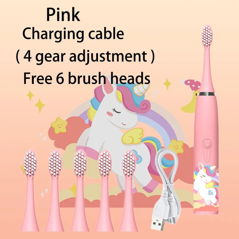 Kids Electric Toothbrush - Cute Cartoon Designs, Soft Bristles, Waterproof, with Replacement Heads