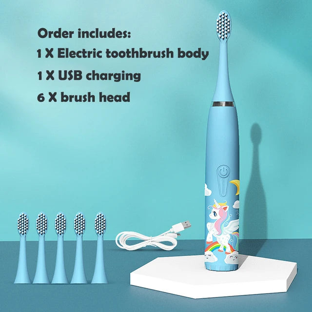 Kids Electric Toothbrush - Cute Cartoon Designs, Soft Bristles, Waterproof, with Replacement Heads