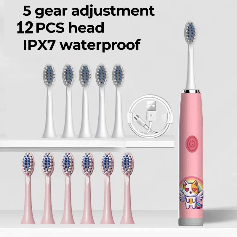 Kids Electric Toothbrush - Cute Cartoon Designs, Soft Bristles, Waterproof, with Replacement Heads
