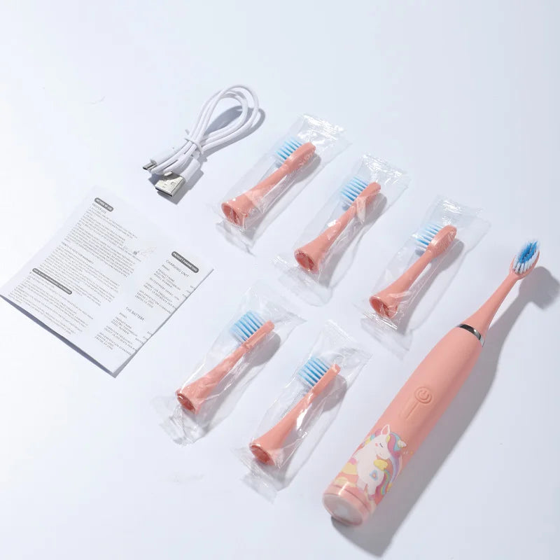 Kids Electric Toothbrush - Cute Cartoon Designs, Soft Bristles, Waterproof, with Replacement Heads