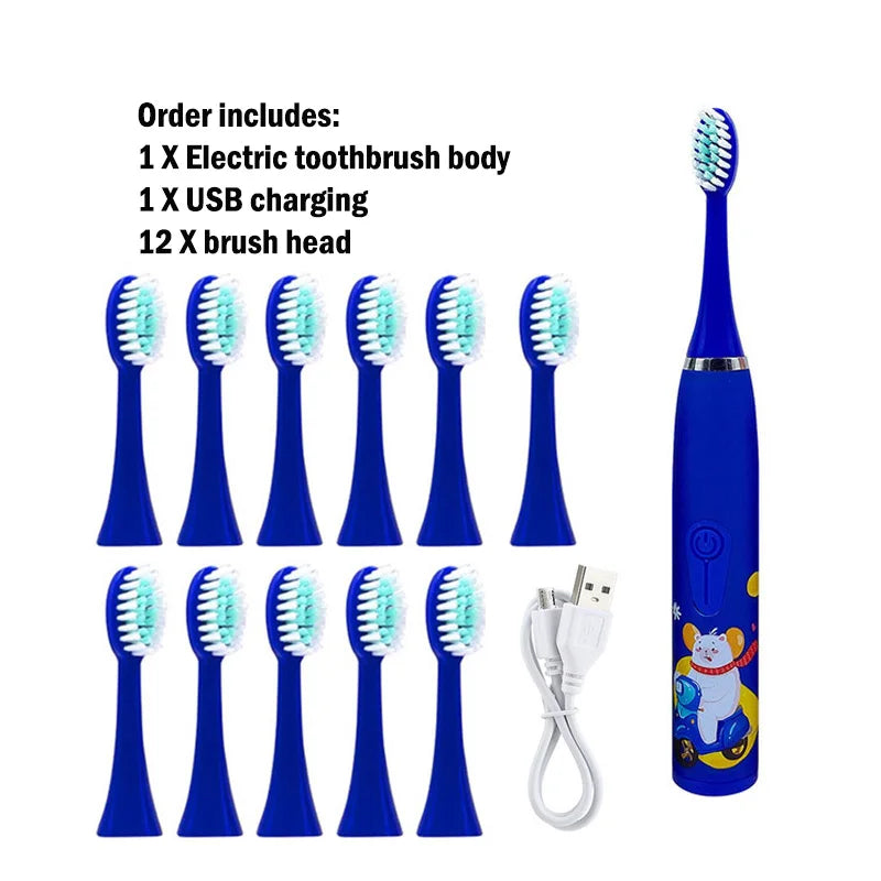 Kids Electric Toothbrush - Cute Cartoon Designs, Soft Bristles, Waterproof, with Replacement Heads