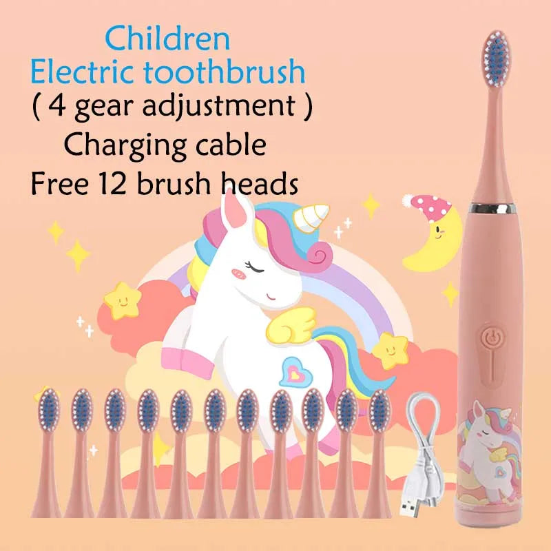 Kids Electric Toothbrush - Cute Cartoon Designs, Soft Bristles, Waterproof, with Replacement Heads