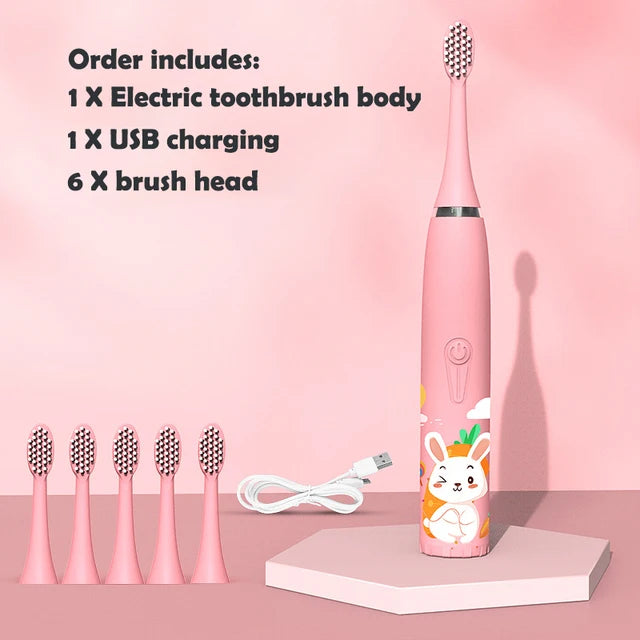 Kids Electric Toothbrush - Cute Cartoon Designs, Soft Bristles, Waterproof, with Replacement Heads