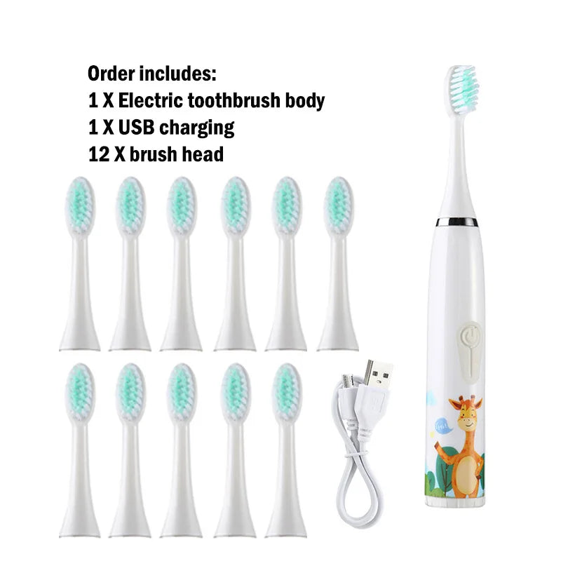 Kids Electric Toothbrush - Cute Cartoon Designs, Soft Bristles, Waterproof, with Replacement Heads