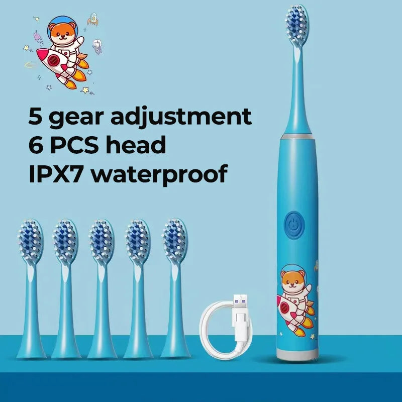 Kids Electric Toothbrush - Cute Cartoon Designs, Soft Bristles, Waterproof, with Replacement Heads