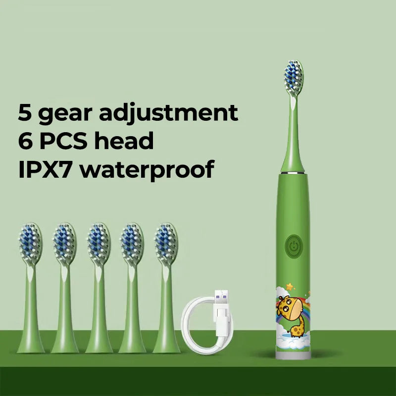 Kids Electric Toothbrush - Cute Cartoon Designs, Soft Bristles, Waterproof, with Replacement Heads