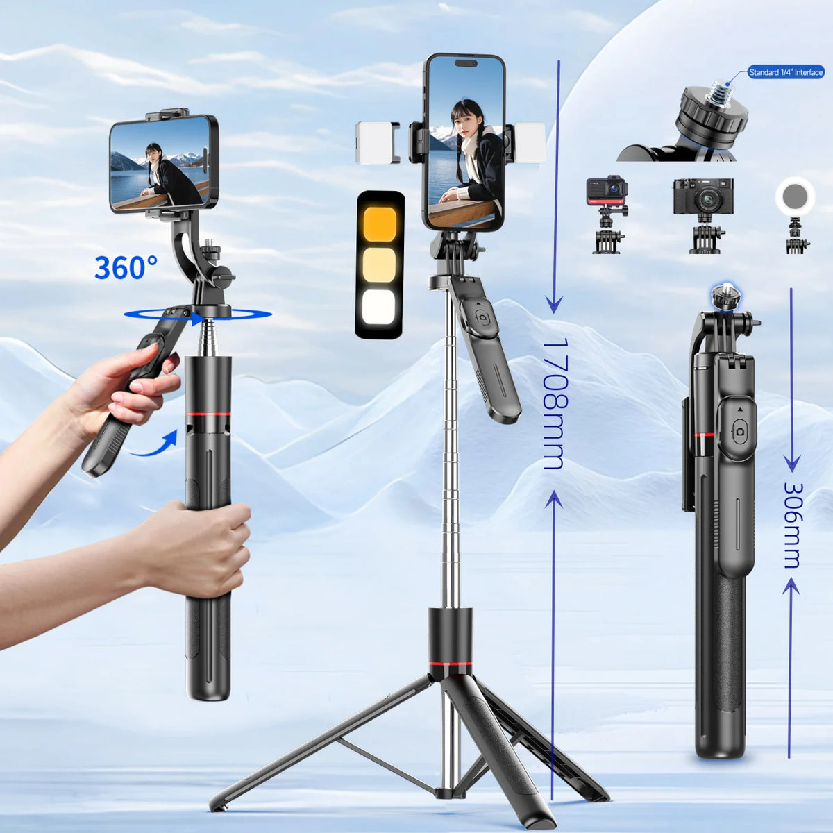 MEUYAG Selfie Stick Tripod with 1708mm Long Monopod Fill Light, Bluetooth Remote, 360° Rotation, 1/4 Interface, for mobile phone